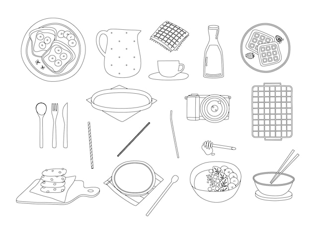 Vector lined various dish food element belgian waffle chocolate cookies salad bread toast