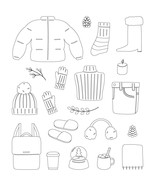 Vettore elementi adesivi in stile foderato per abiti invernali essenziali simpatico stile di vita scandinavo oggetti accoglienti celebrazione delle vacanze invernali illustrazione vettoriale disegnata a mano