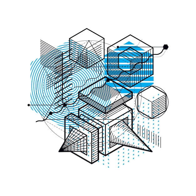 벡터 선과 모양 추상적인 벡터 아이소메트릭 3d 배경입니다. 큐브, 육각형, 정사각형, 직사각형 및 다양한 추상 요소의 레이아웃입니다.