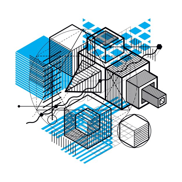 벡터 선과 모양 추상적인 벡터 아이소메트릭 3d 배경입니다. 큐브, 육각형, 정사각형, 직사각형 및 다양한 추상 요소의 레이아웃입니다.