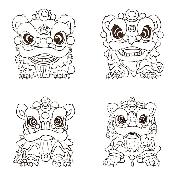 Vector lines of chinese lions