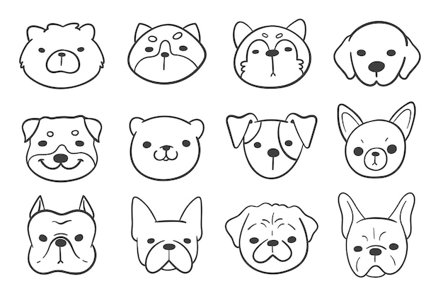 Lines of the faces of various breeds of dogs decorate coloring book for kids