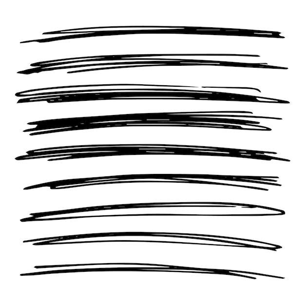 Vettore insieme di grunge disegnato a mano di linee. linee astratte di doodle nero isolate su priorità bassa bianca. illustrazione vettoriale