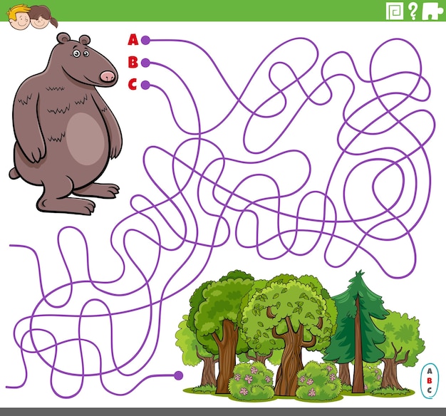 만화 곰 캐릭터와 숲이 있는 라인 미로 퍼즐 게임