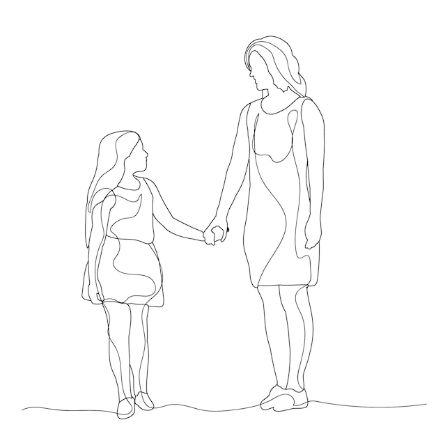 Vector lines mom and daughter family