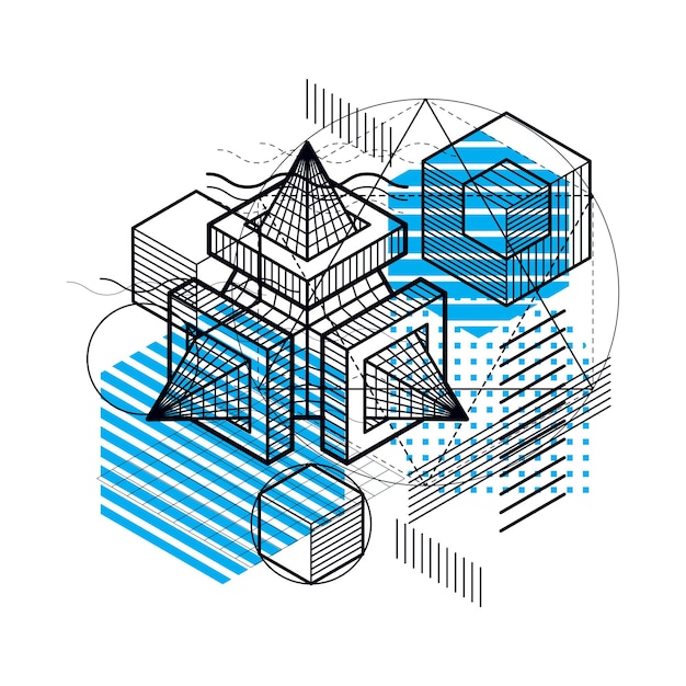 Lines and shapes abstract vector isometric 3d background. Layout of cubes, hexagons, squares, rectangles and different abstract elements.