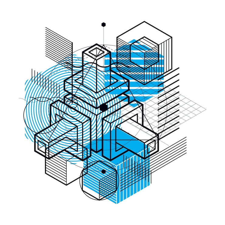 Vector lines and shapes abstract vector isometric 3d background. layout of cubes, hexagons, squares, rectangles and different abstract elements.