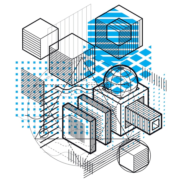 Lines and shapes abstract vector isometric 3d background. Layout of cubes, hexagons, squares, rectangles and different abstract elements.