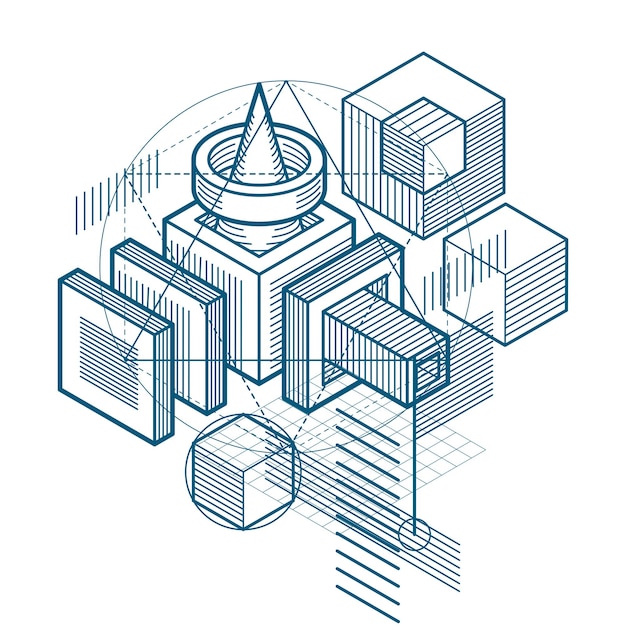 Lines and shapes abstract vector isometric 3d background. Layout of cubes, hexagons, squares, rectangles and different abstract elements.
