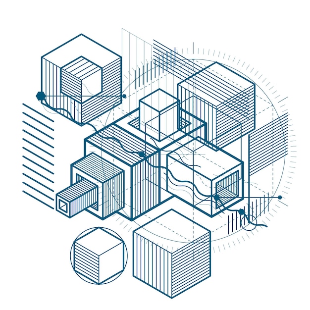 Lines and shapes abstract vector isometric 3d background. Layout of cubes, hexagons, squares, rectangles and different abstract elements.