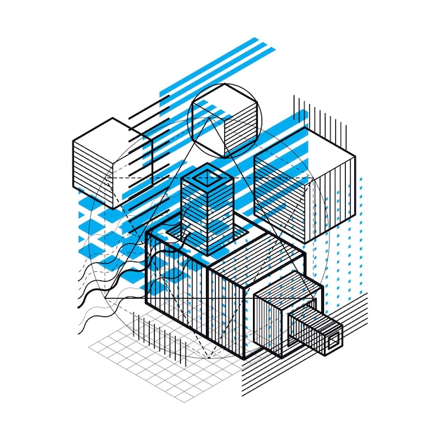 Lines and shapes abstract vector isometric 3d background. Layout of cubes, hexagons, squares, rectangles and different abstract elements.