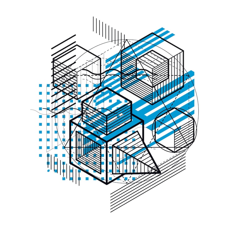 Vector lines and shapes abstract vector isometric 3d background. layout of cubes, hexagons, squares, rectangles and different abstract elements.
