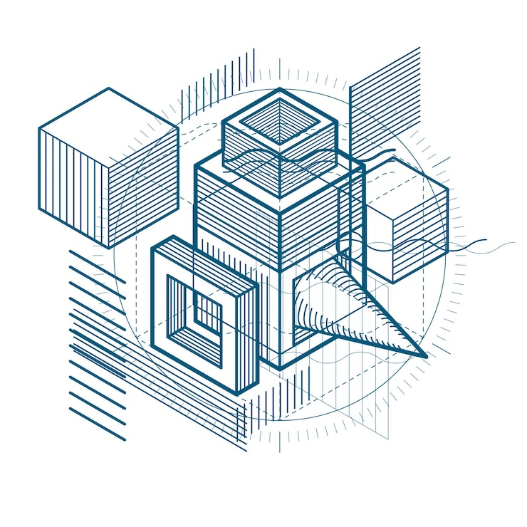 Vector lines and shapes abstract vector isometric 3d background. layout of cubes, hexagons, squares, rectangles and different abstract elements.