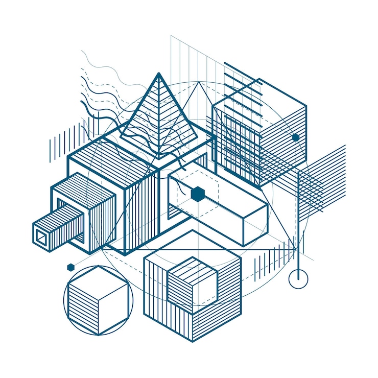 Vector lines and shapes abstract vector isometric 3d background. layout of cubes, hexagons, squares, rectangles and different abstract elements.