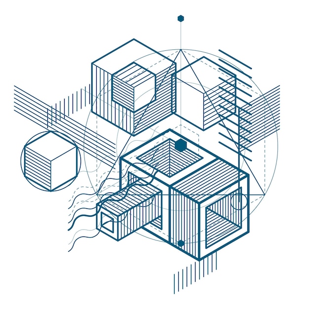 Lines and shapes abstract vector isometric 3d background. Layout of cubes, hexagons, squares, rectangles and different abstract elements.