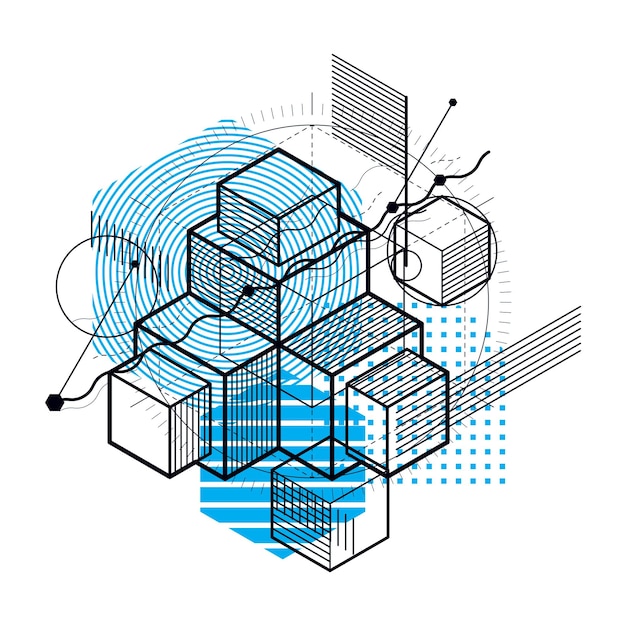 Lines and shapes abstract vector isometric 3d background. Layout of cubes, hexagons, squares, rectangles and different abstract elements.