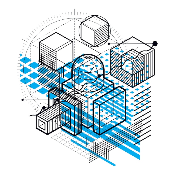Vector lines and shapes abstract vector isometric 3d background. layout of cubes, hexagons, squares, rectangles and different abstract elements.