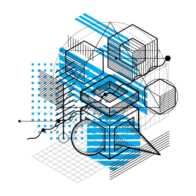 선과 모양 추상적인 벡터 아이소메트릭 3d 배경입니다. 큐브, 육각형, 정사각형, 직사각형 및 다양한 추상 요소의 레이아웃입니다.