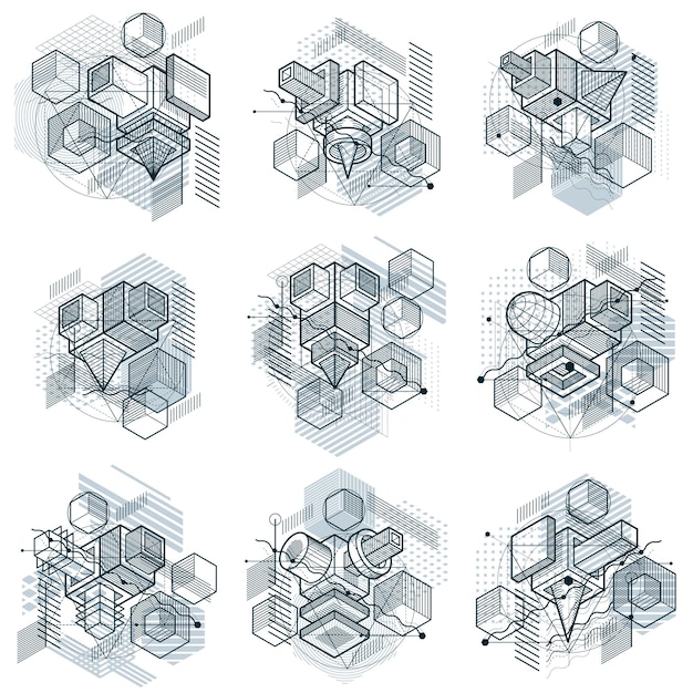 Lines and shapes abstract vector isometric 3d backgrounds. Layouts of cubes, hexagons, squares, rectangles and different abstract elements. Vector collection.