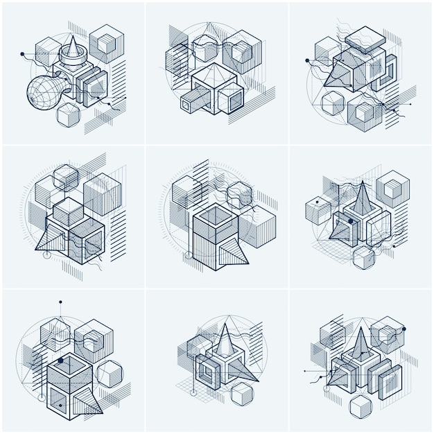 Lines and shapes abstract vector isometric 3d backgrounds. Layouts of cubes, hexagons, squares, rectangles and different abstract elements. Vector collection.