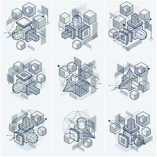 Vector lines and shapes abstract vector isometric 3d backgrounds. layouts of cubes, hexagons, squares, rectangles and different abstract elements. vector collection.