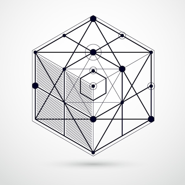 Vettore linee e forme astratte vettore 3d isometrico sfondo bianco e nero. schema astratto del motore o del meccanismo di ingegneria. disposizione di cubi, esagoni, quadrati, rettangoli ed elementi diversi