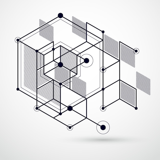 Lines and shapes abstract vector isometric 3D black and white background. Abstract scheme of engine or engineering mechanism. Layout of cubes, hexagons, squares, rectangles and different elements