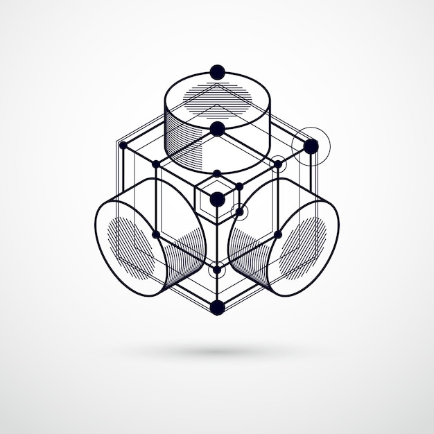 Lines and shapes abstract vector isometric 3D black and white background. Abstract scheme of engine or engineering mechanism. Layout of cubes, hexagons, squares, rectangles and different elements