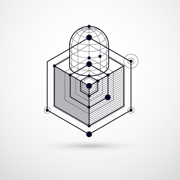 Linee e forme astratte vettore 3d isometrico sfondo bianco e nero. schema astratto del motore o del meccanismo di ingegneria. disposizione di cubi, esagoni, quadrati, rettangoli ed elementi diversi