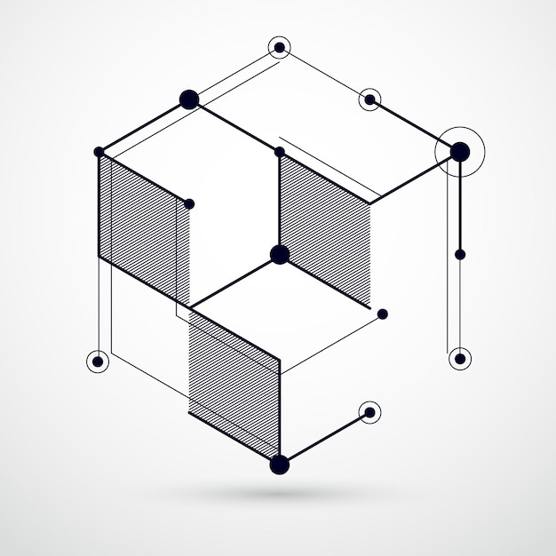 Lines and shapes abstract vector isometric 3D black and white background. Abstract scheme of engine or engineering mechanism. Layout of cubes, hexagons, squares, rectangles and different elements