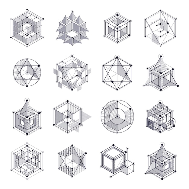 Vettore set di sfondi in bianco e nero 3d isometrici vettoriali astratti di linee e forme. schema astratto del motore o meccanismo di ingegneria. disposizione di cubi, esagoni, quadrati, rettangoli ed elementi diversi