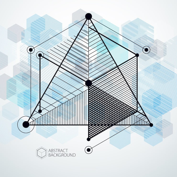 Vector 선과 모양 추상적인 벡터 아이소메트릭 3d 파란색 배경. 엔진 또는 엔지니어링 메커니즘의 추상 체계입니다. 큐브, 육각형, 사각형, 사각형 및 다른 추상 요소의 레이아웃입니다.