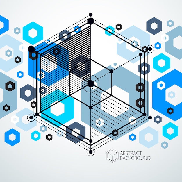 Lines and shapes abstract vector isometric 3D blue background. Abstract scheme of engine or engineering mechanism. Layout of cubes, hexagons, squares, rectangles and different abstract elements.