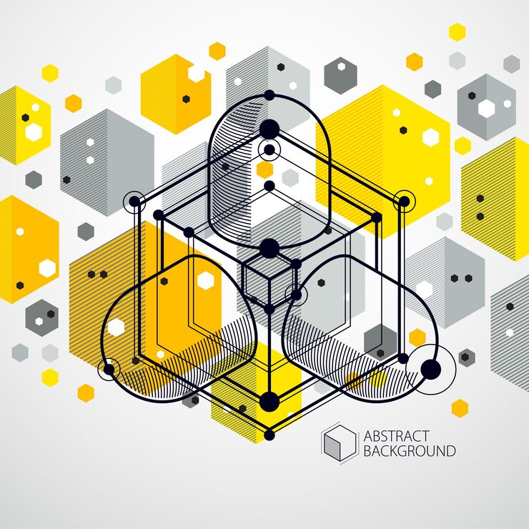 Vector 선과 모양 추상적인 벡터 아이소메트릭 3d 노란색 배경. 엔진 또는 엔지니어링 메커니즘의 추상 체계입니다. 큐브, 육각형, 사각형, 사각형 및 다른 추상 요소의 레이아웃입니다.