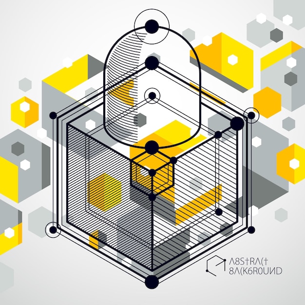 Vector lines and shapes abstract vector isometric 3d yellow background. abstract scheme of engine or engineering mechanism. layout of cubes, hexagons, squares, rectangles and different abstract elements.