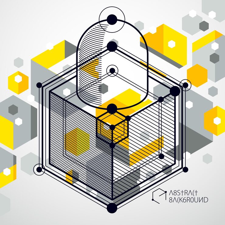 Vector lines and shapes abstract vector isometric 3d yellow background. abstract scheme of engine or engineering mechanism. layout of cubes, hexagons, squares, rectangles and different abstract elements.