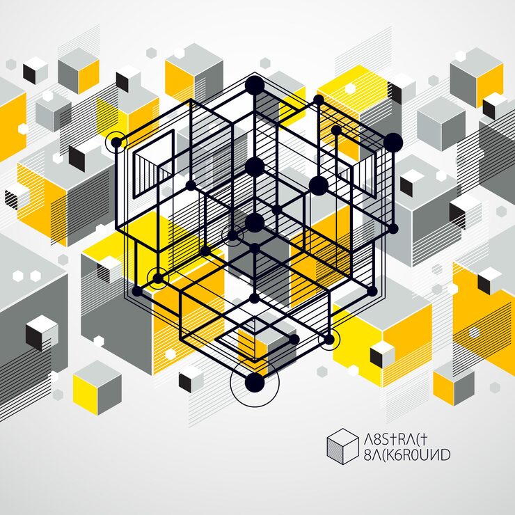 Vector lines and shapes abstract vector isometric 3d yellow background. abstract scheme of engine or engineering mechanism. layout of cubes, hexagons, squares, rectangles and different abstract elements.