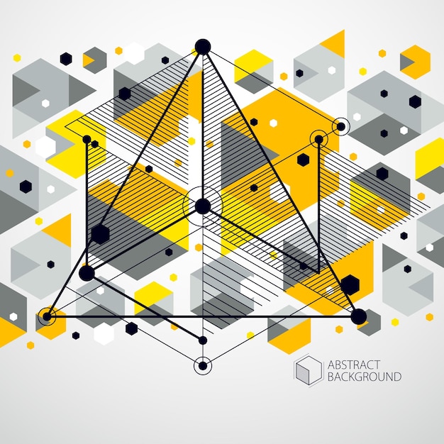 Linee e forme astratte vettore isometrico 3d sfondo giallo. schema astratto del motore o del meccanismo di ingegneria. disposizione di cubi, esagoni, quadrati, rettangoli e diversi elementi astratti.