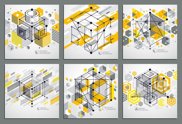 Lines and shapes abstract vector isometric 3D yellow backgrounds set. Abstract scheme of engine or engineering mechanism. Layout of cubes, hexagons, squares, rectangles and different elements.