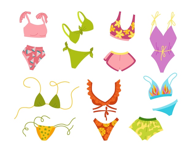 Vector lingerie en badpak zomer cartoon set.