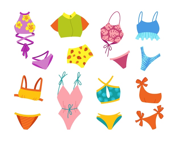 Vector lingerie and swimsuit summer stylish cartoon set.