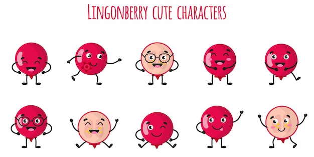 Lingonberry 과일 다른 포즈와 감정을 가진 귀여운 재미있는 쾌활한 캐릭터