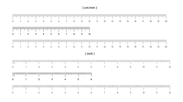 Vector liniaal metrische en inch linialen. liniaal schaal. vector geïsoleerde elementen. meetapparaat. maat indicator eenheden. voorraad vector. eps 10