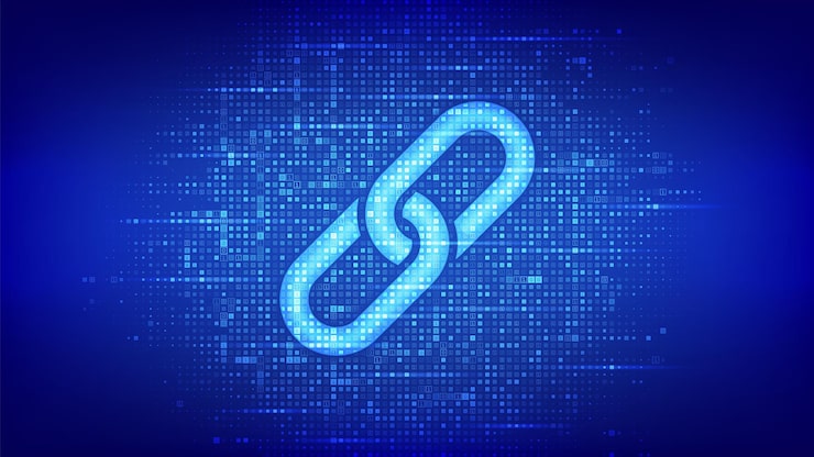 Vector link icon made with binary code. blockchain technology. cooperation symbol. communication, security, internet safety, connect concept. digital code background with digits 1.0. vector illustration.