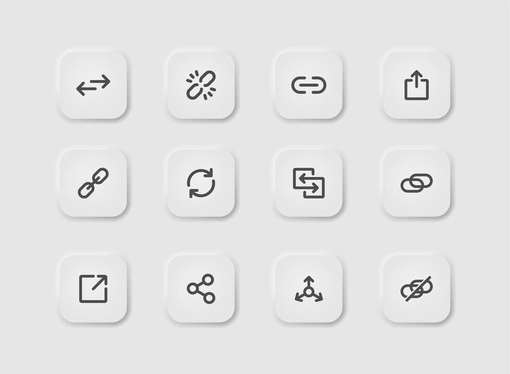 Vector link icon set in neumorphism style icons for business white user interface ui ux share symbol hyperlink upload redirecting url website chain loading neumorphic style vector illustration