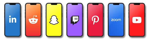 Vettore linkedin reddit snapchat twitch pinterest zoom e app youtube sullo schermo di un telefono display dello smartphone