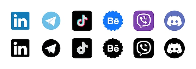 Linkedin telegram tik tok behance viber discord social network logos editorial silhouette and color logos of social networks vector icons