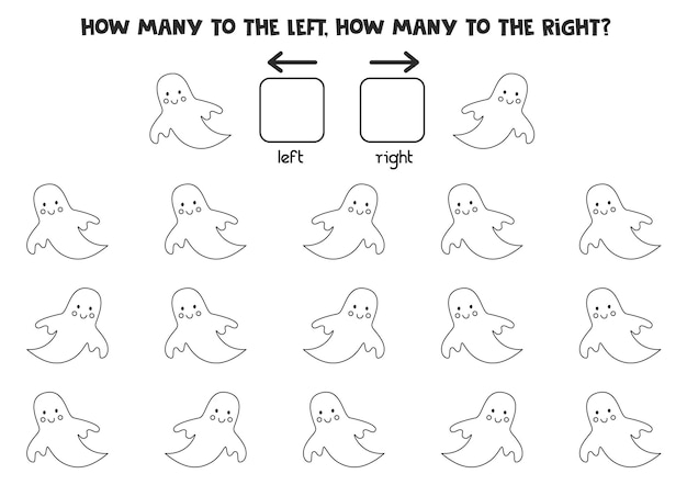 Links of rechts met schattig Halloween-spook. Logisch werkblad voor kleuters.