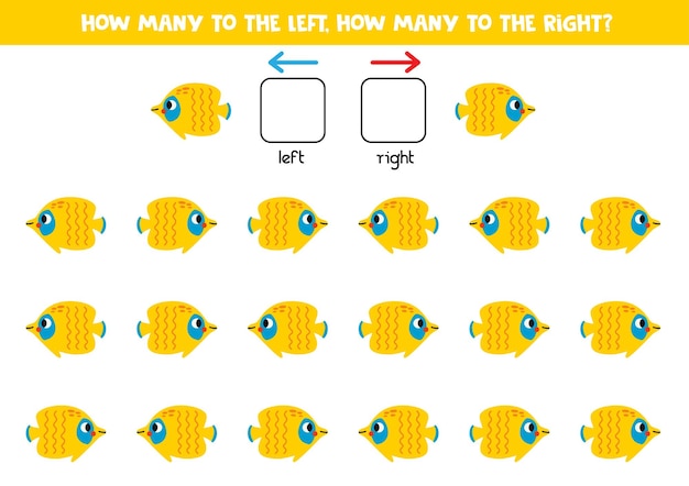 Links of rechts met schattige vlindervisjes Logisch werkblad voor kleuters
