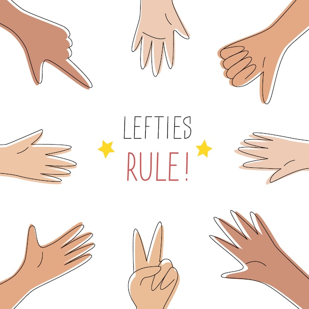 Linkshandigen heersen conceptbanner. 13 augustus, Internationale viering van de linkshandige dag. Linker handen georganiseerd in een cirkel, verenig, help en ondersteun elkaar. Gebeurteniskaart, lijnstijl. illustratie